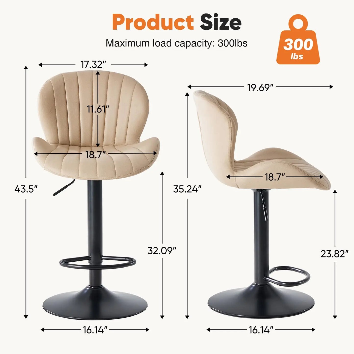JHK Ergonomic Modern 360° Swivel Dining Chairs Set of 2 Adjustable Fabric Upholstered Kitchen Chairs with  For Kitchen Island