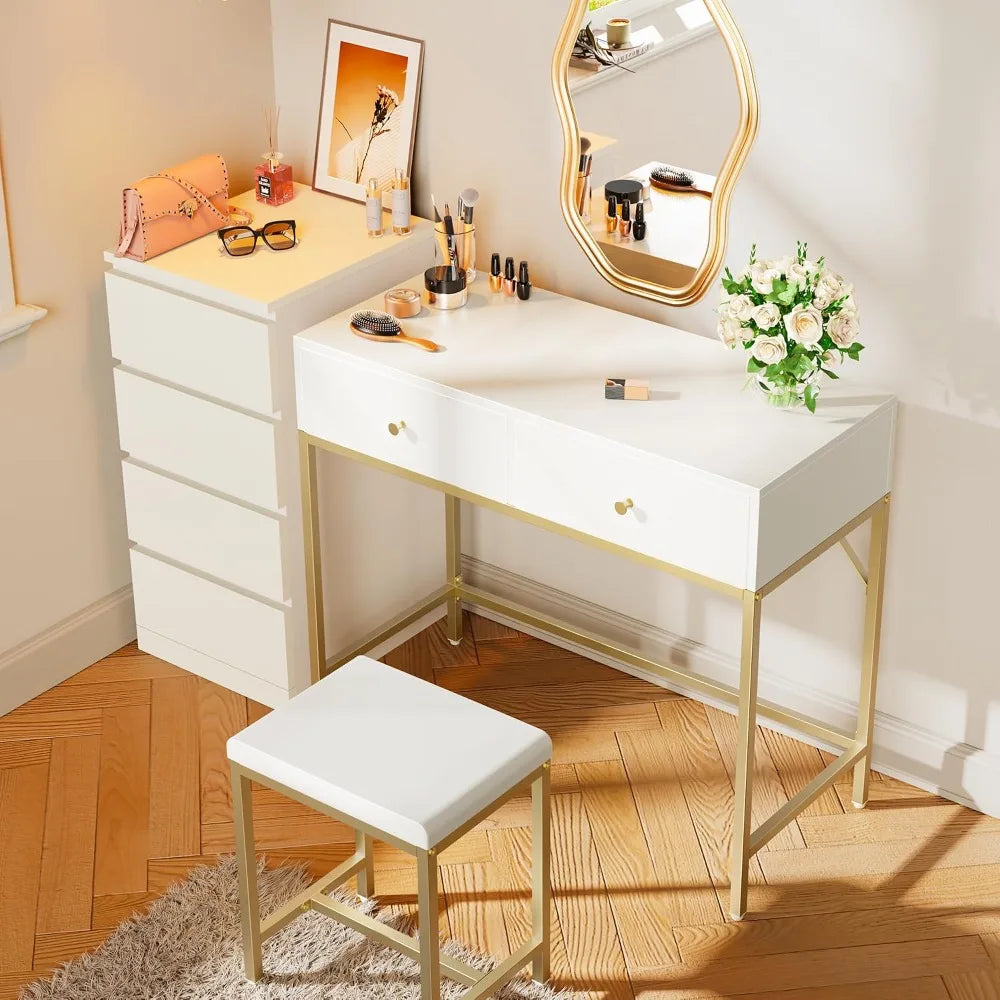 35.4" White and Gold Desk with 2 Drawers, Modern Makeup Vanity with Padded Stool, Small Computer Desk for Home Office