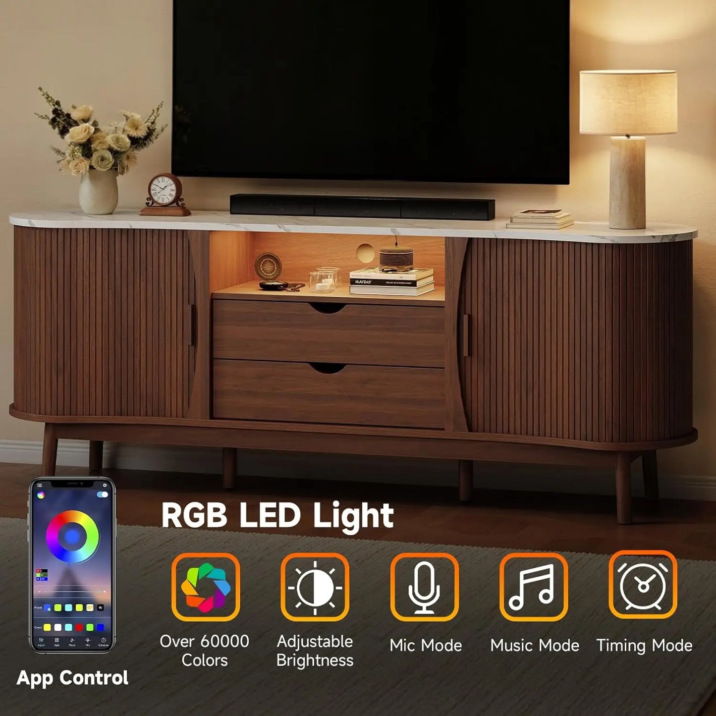70-inch Fluted TV Stand Entertainment Center for TVs up to 80", Mid-Century Modern Bean-Shaped Console with USB/Outlet, LED Lights & Storage - for Living Room, Bedroom (Black/Walnut)
