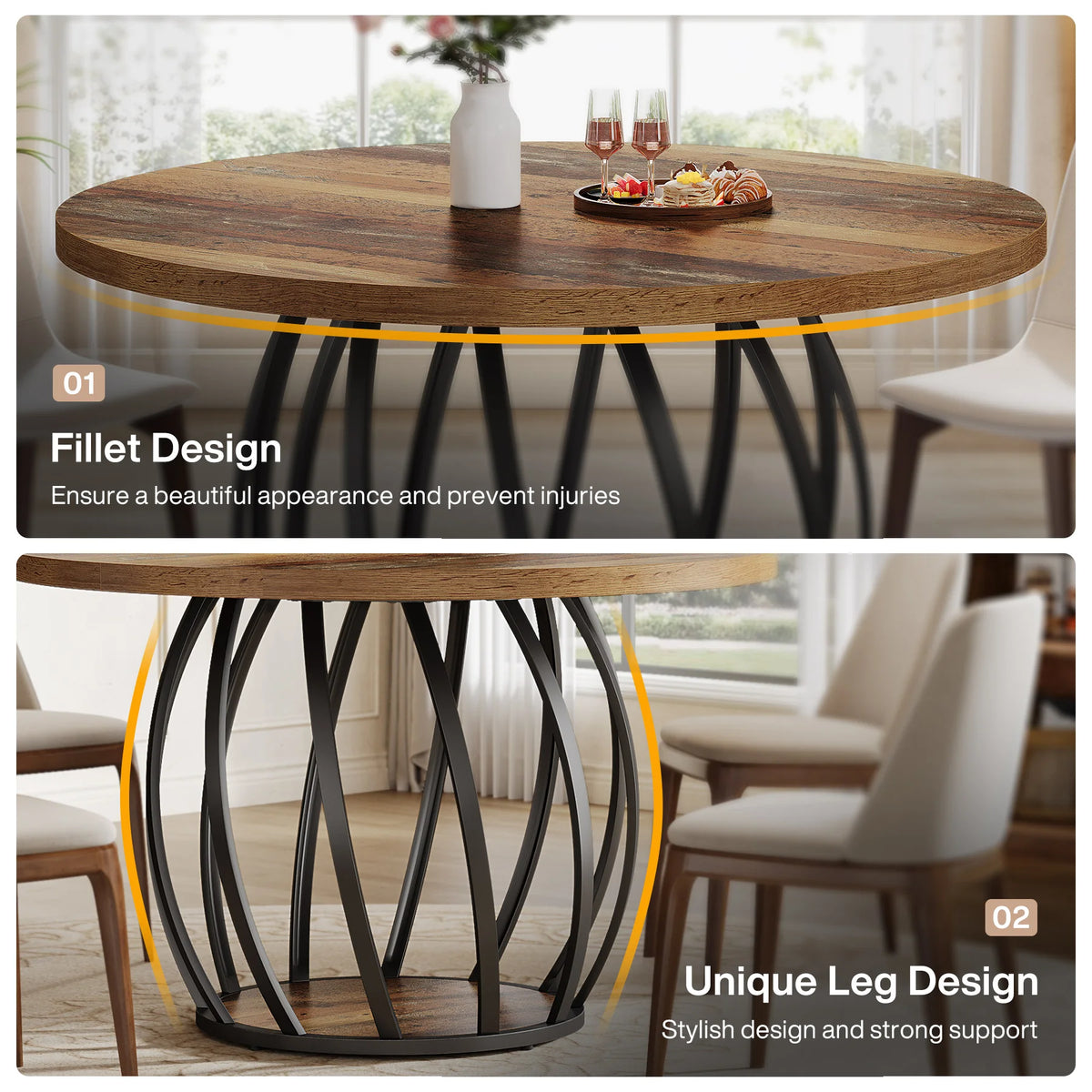 Tribesigns Round Wood Dining Kitchen Table with Sturdy Metal Base