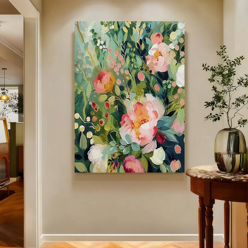Framed Art Deco Bohemian Floral Canvas Painting With Wood Frame