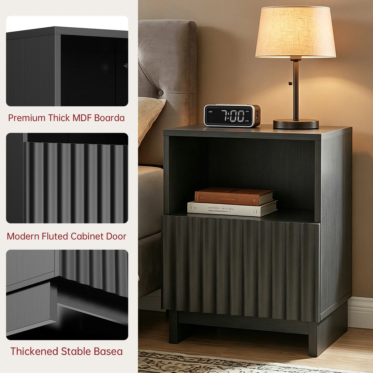 TinyNest Fluted Nightstand, 17.7 inch Modern Wood Bedside Table With Storage Drawers & Open Shelf, Mid-Century Small Coffee Tea Sofa Side Table, End Table Storage Cabinet For Bedroom, Living Room