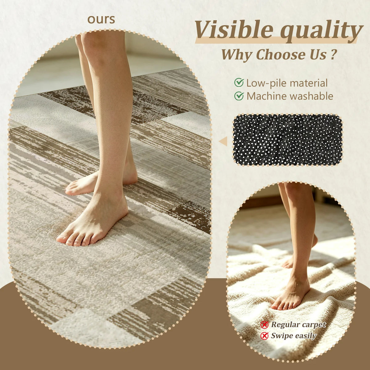 Large Indoor Area Rug, Soft Velvet Low Pile Rug with Non-Slip Dotted Backing, Machine Washable Neutral Wood Block Patchwork Floor Rug for Living Room and Bedroom