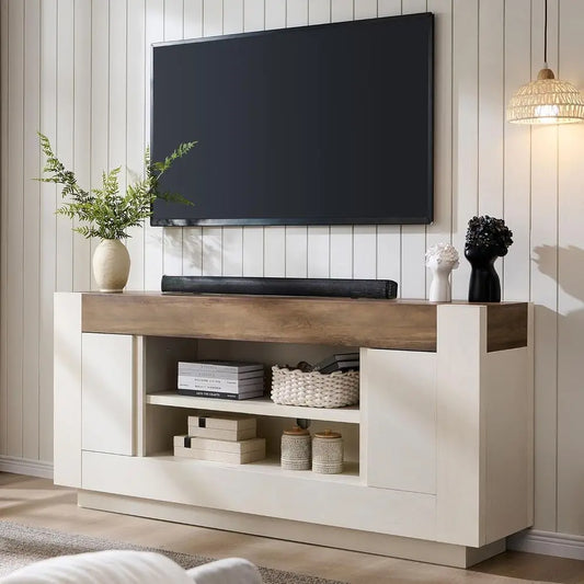 Modern Wood TV Stand with Large Storage and Side Cabinets