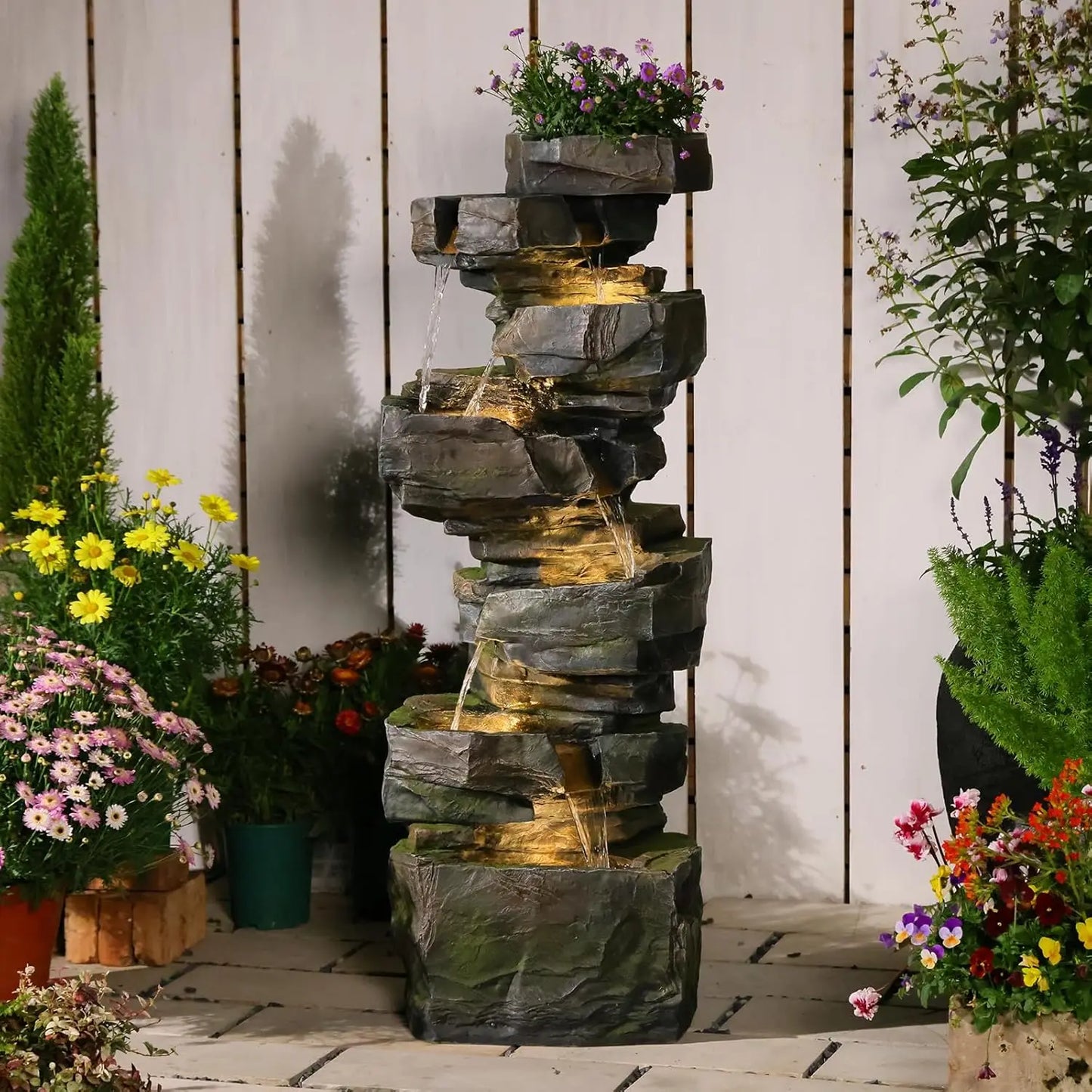 5-Tier Tree Trunk Outdoor Water Fountain LED Garden Decor