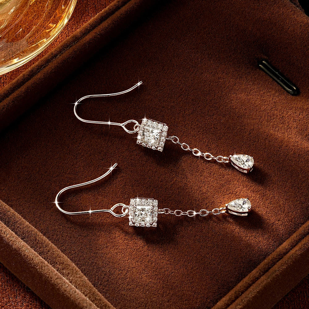 OXTAO Princess Cut Moissanite Geometric Stud Earrings 3.5x3.5mm  D VVS1 for Women Long Tassel Drop Earrings Women's Jewelry Gift