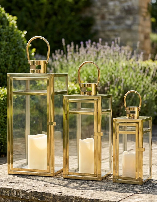 NEWIMAGE Stainless Steel Lantern Set With Tempered Glass Panels