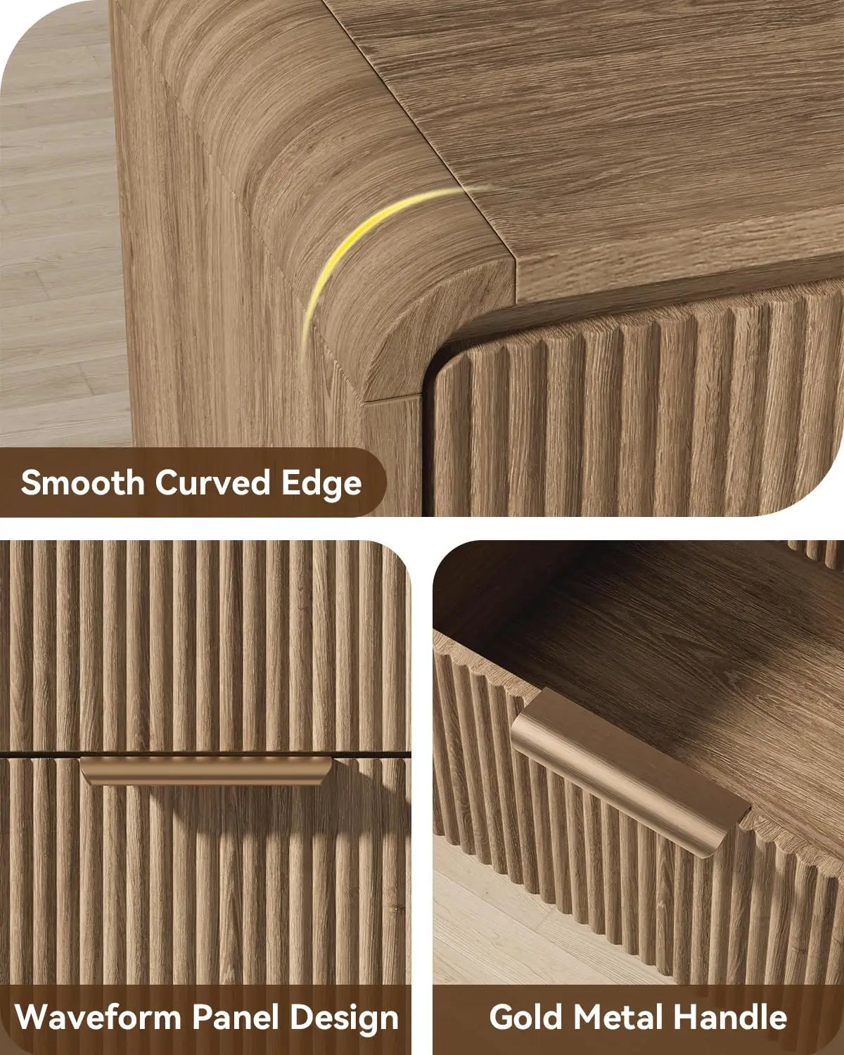 47" Fluted 6 Drawer Dresser Bedroom Curved Modern Wood Storage Organizer Light Walnut, Customized