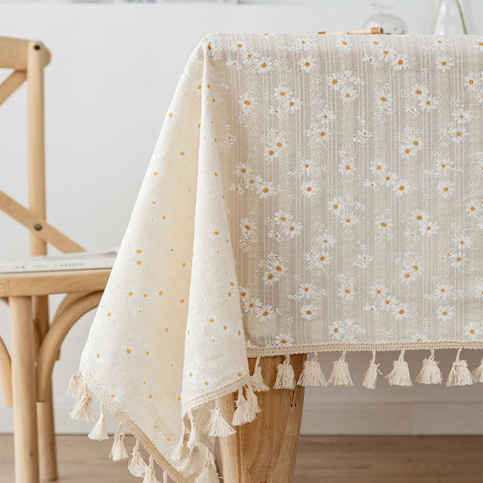 Korean Style Daisy Floral Damask Tablecloth For Dining Table