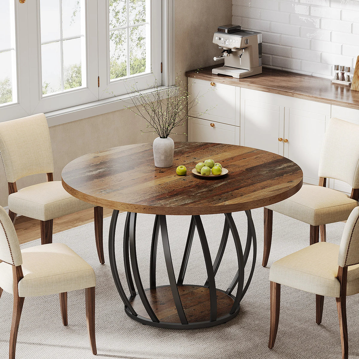 Tribesigns Round Wood Dining Kitchen Table with Sturdy Metal Base
