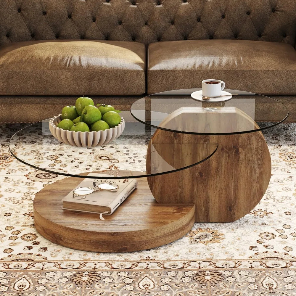 Tempered Round Glass Coffee Table With Wood Frame 3 Tier