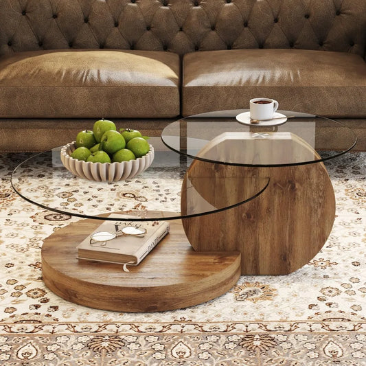 Tempered Round Glass Coffee Table With Wood Frame 3 Tier