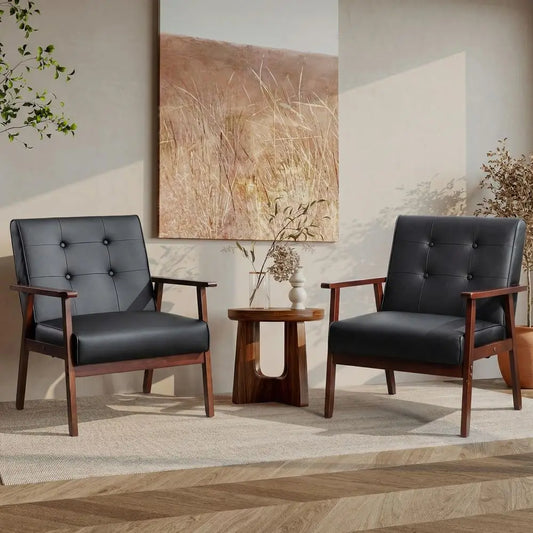 MidCentury Modern Leather Accent Chair Set of 2 Wooden Arm Chair, Upholstered, Tufted Backrest, Office, Living Room