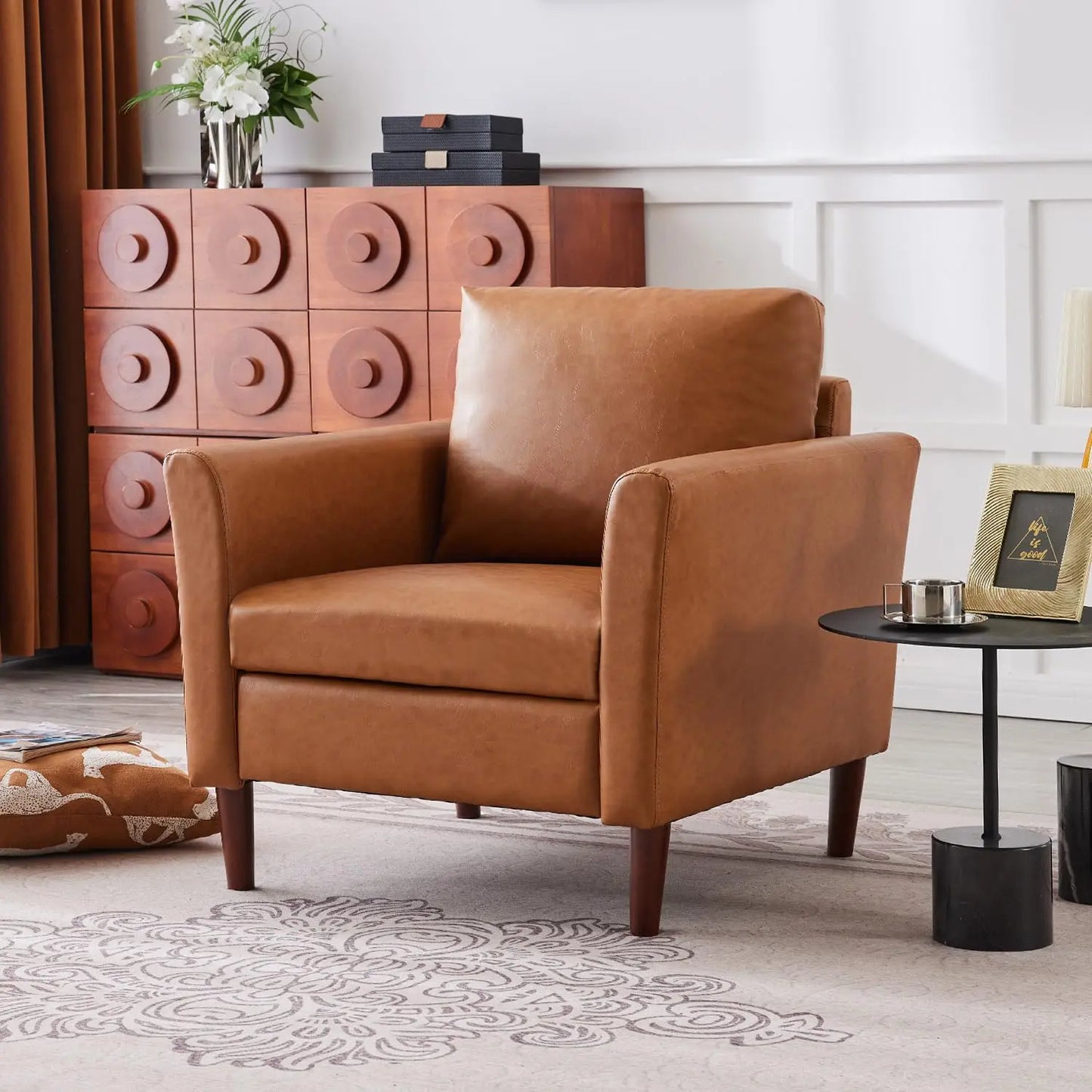 Accent Chair for Living Room, Mid Century Modern Upholstered PU Leather Armchair with Rolled Arms and Deep Seat,, Customized