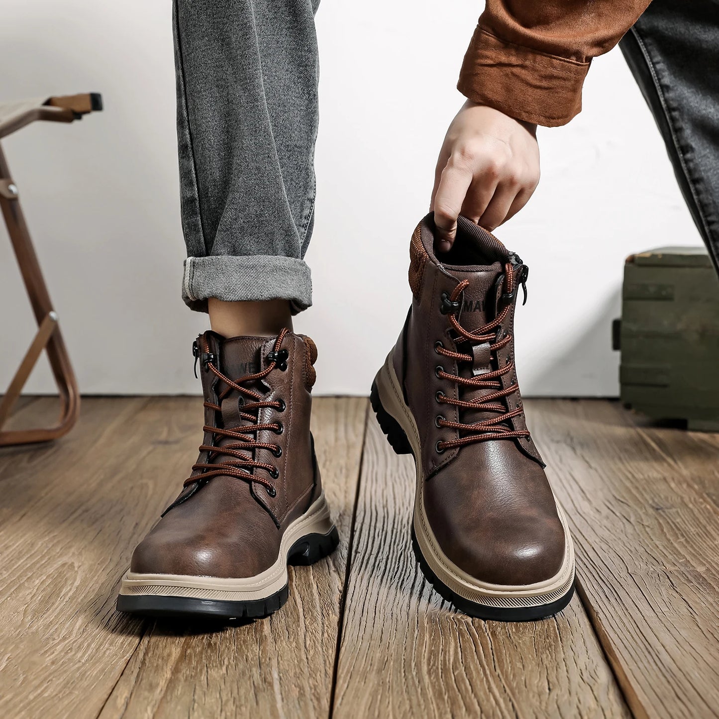 Brown Leather Waterproof Work Shoes Steel Toe Men Work Safety Shoes Zipper's Construction Shoes Outdoor Work Footwear