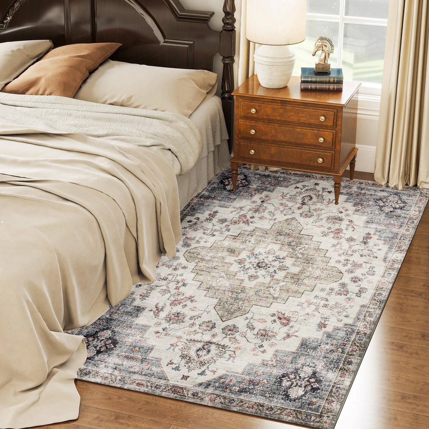 Machine Washable Area Rug, 4'x6' Vintage Oriental Medallion Distressed Rugs Soft Printed Floor Mat, Brown and Green