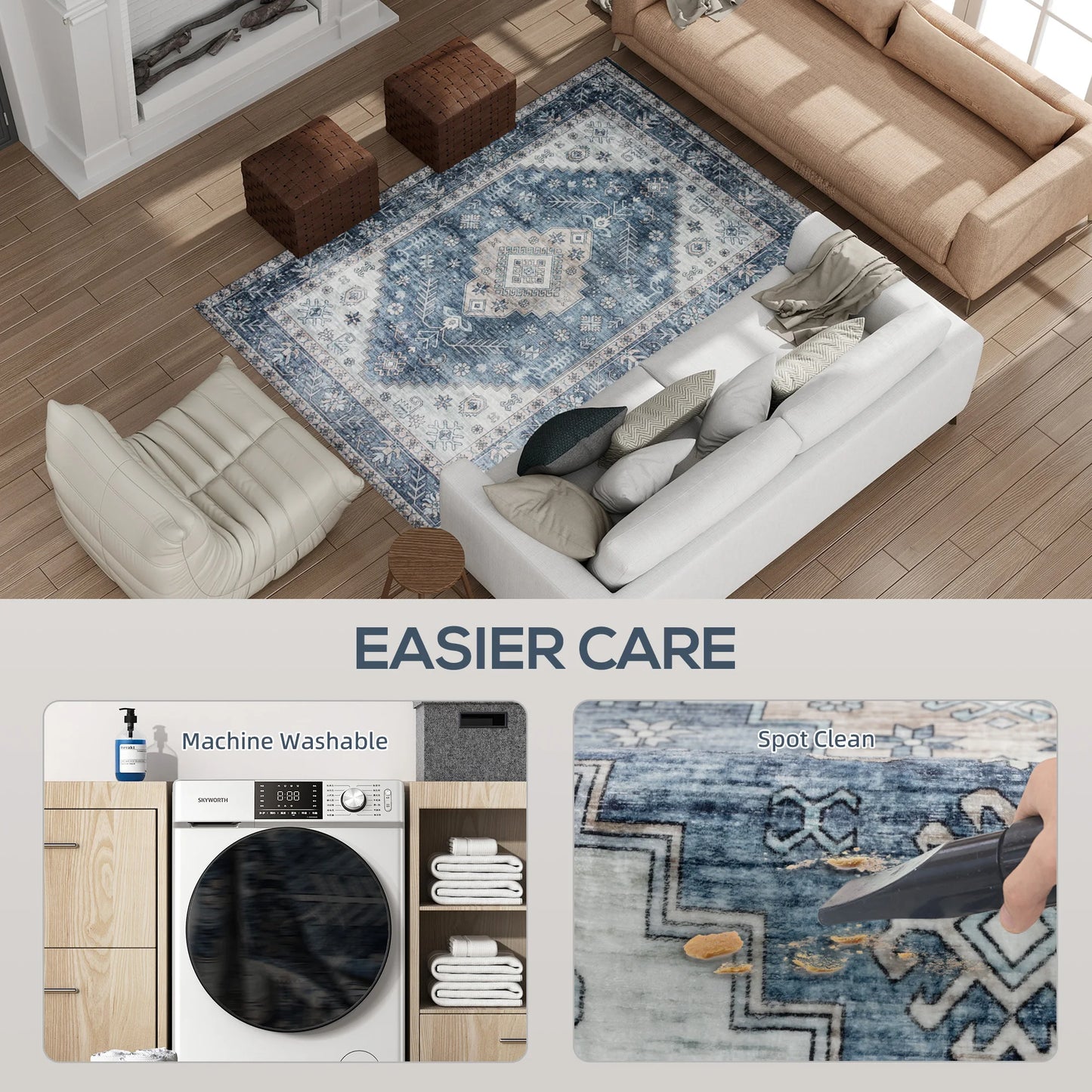 Machine Washable Area Rug, 4'x6' Vintage Oriental Medallion Distressed Rugs Soft Printed Floor Mat, Blue