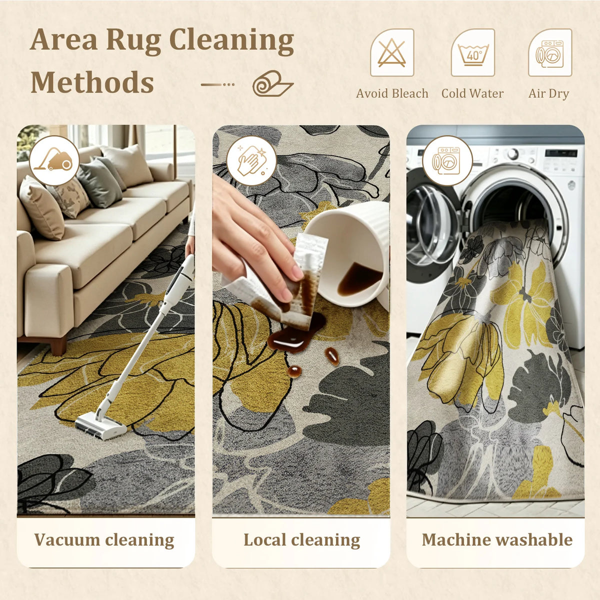 Large Indoor Area Rug, Soft Velvet Low Pile Non-Slip Machine Washable Abstract Floral Rug in Mustard Yellow & Gray Tones for Living Room, Bedroom, Entryway