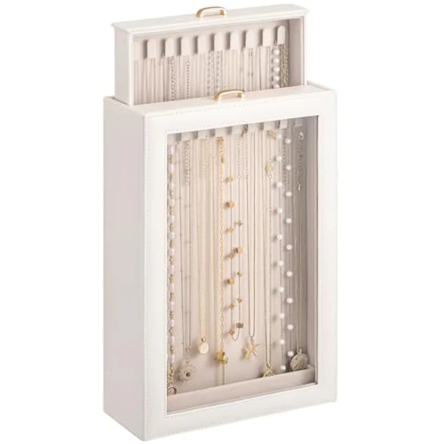Necklace Organizer Box, Jewelry Storage Box with Clear Window for Necklaces Bracelets, Tangle-Free Necklace Display Case for Wo