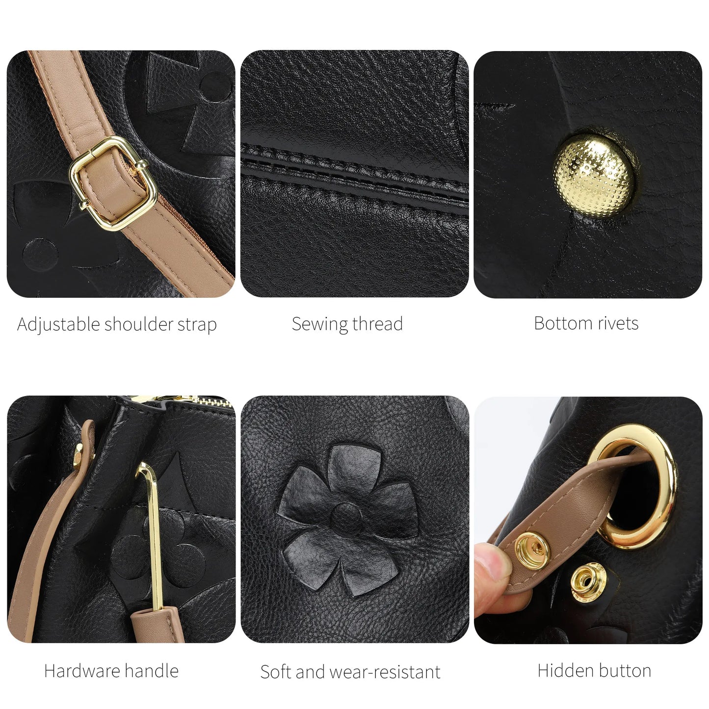 Top Handle Handbag Set Floral Embroidered Vegan Leather Hobo Tote