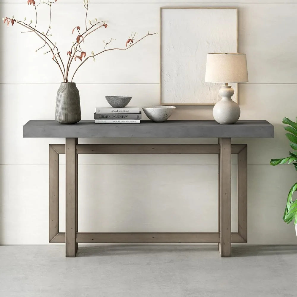 Contemporary Console Table with Industrial-Inspired Concrete Wood Top, Minimalist Rectangular Entryway Table for Hallway