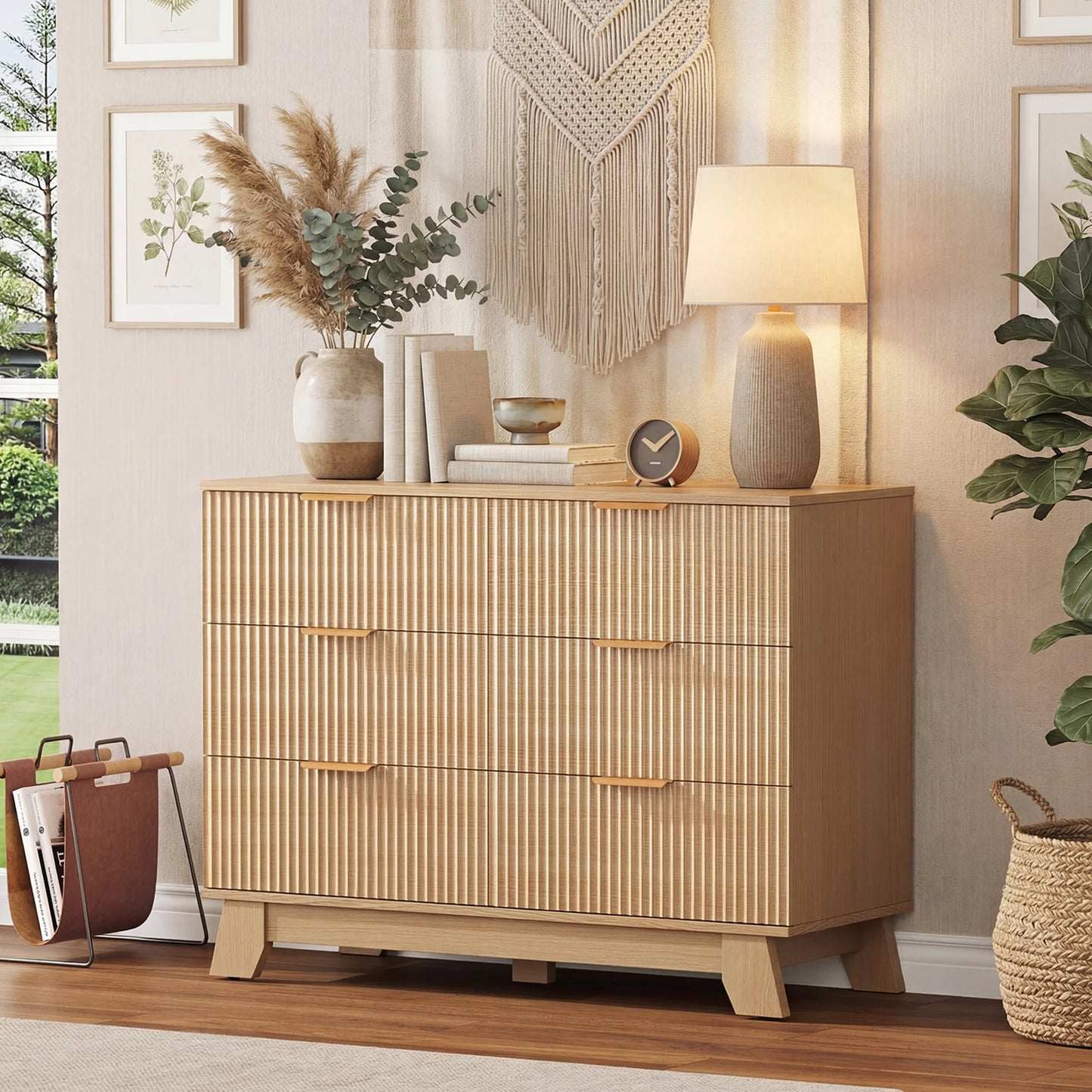 JHK Fluted Wooden 6 Drawer Dresser Cabinet Wide Modern Chest of Drawers with Gold Metal Handles Storage Organizer Unit for Living Room Hallway