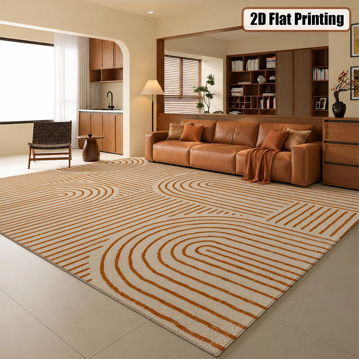 Large Indoor Area Rug, Soft Velvet Low Pile with Non-Slip Dotted Backing, Machine Washable Modern Geometric Line Pattern, Neutral Terracotta Abstract Rug for Living Room and Bedroom Home Decoration