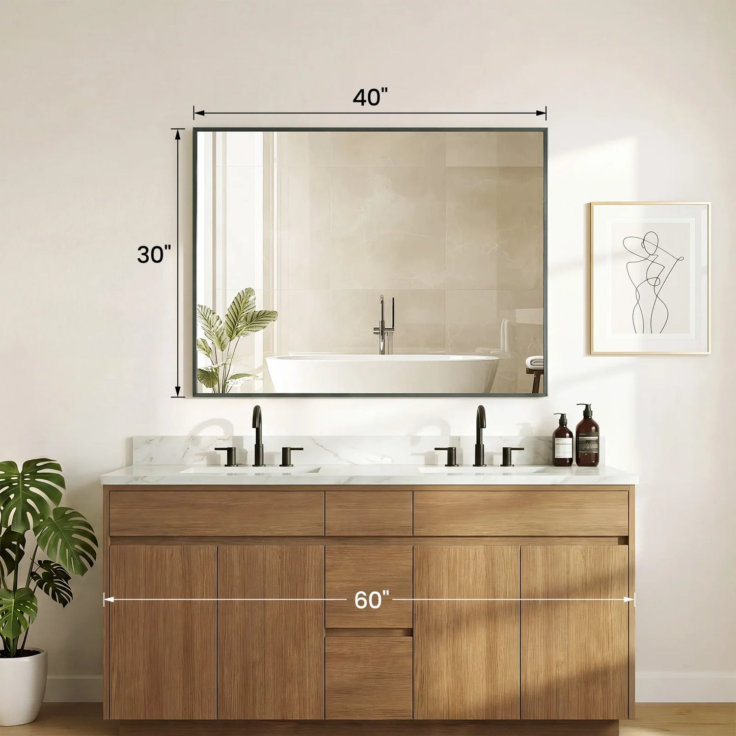 JHK Rectangle Wall Mount Mirrors with Metal Frame Bathroom Mirror for Over Sink Modern Vanity Mirror with Tempered Glass for Home Decor Anti-Rust