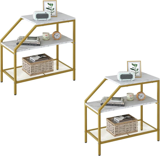 Wolawu End Table 3 Tiers 2pcs White Marble Wood Nightstand with Storage Ladder Shelf,Industrial Sofa Side Table for Small Space, Modern Trapezoid Plant Stand in Living Room Bedroom,Gold Metal Frame