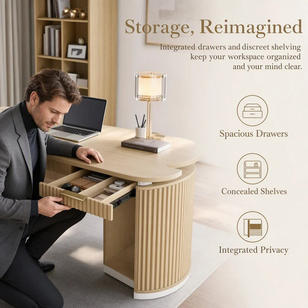 Electric Standing Desk with Storage Drawers, 63'' Executive Height Adjustable Desk with Privacy Panel and Shelves, Wood Fluted Computer Desk for Home Office