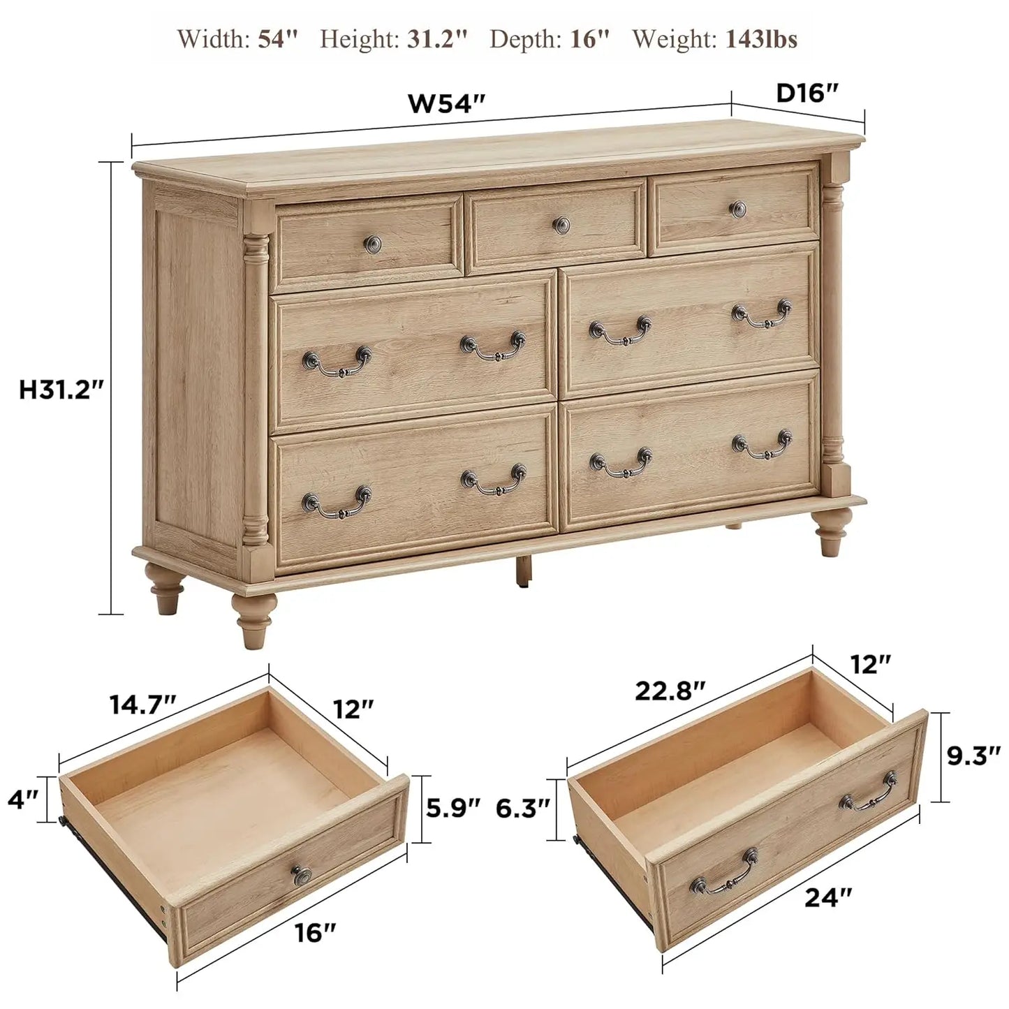 7 Drawer Tall Rustic Solid Wood Dresser with Storage & Feet for Bedroom Living Room, Customized