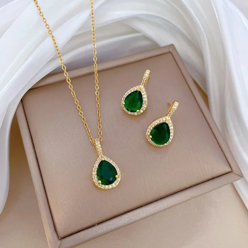 XIYANIKE Water Drop Emerald Zircon Pendant Necklace Earrings Jewelry Set For Women Stainless Steel Chain Necklaces Party Gift