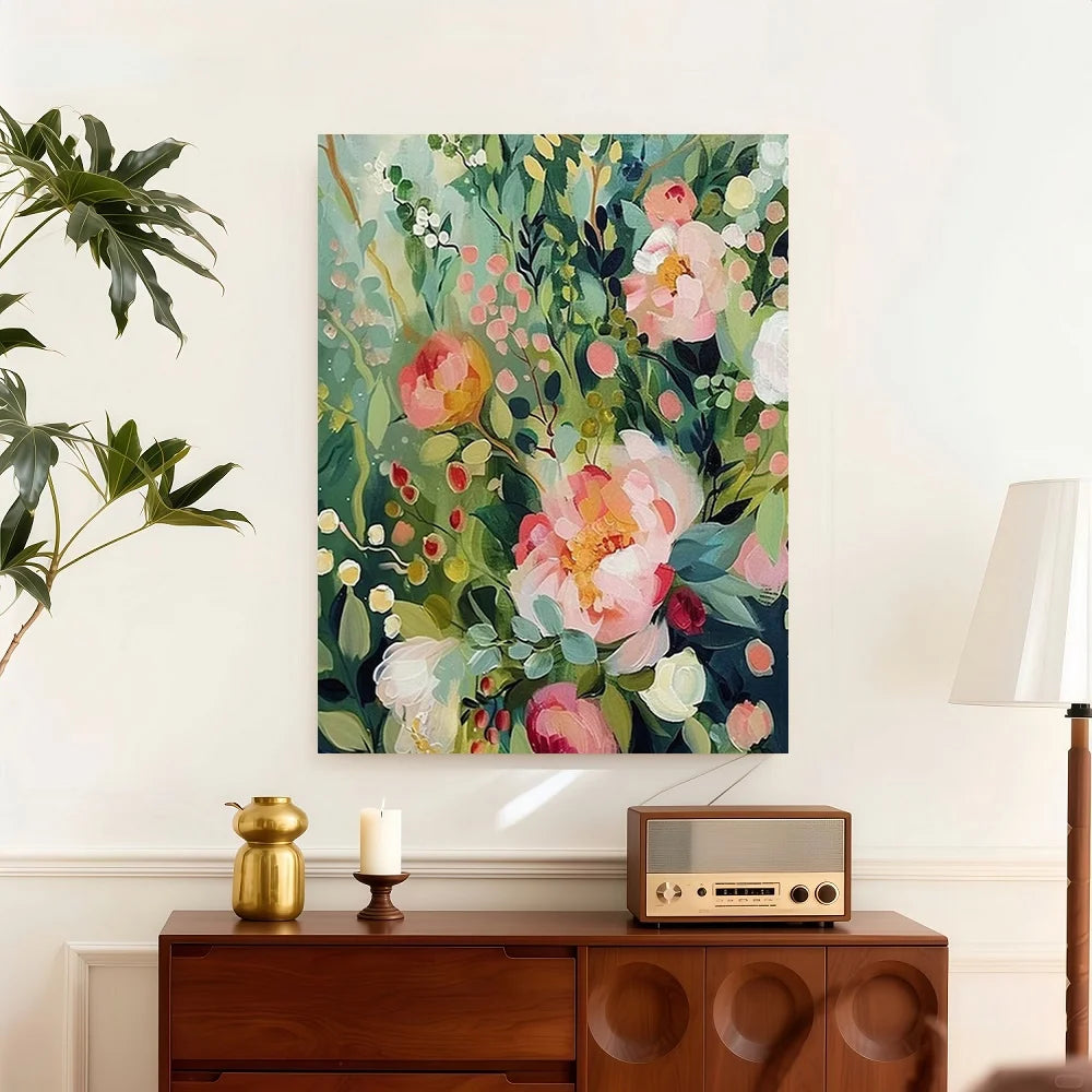 Framed Art Deco Bohemian Floral Canvas Painting With Wood Frame