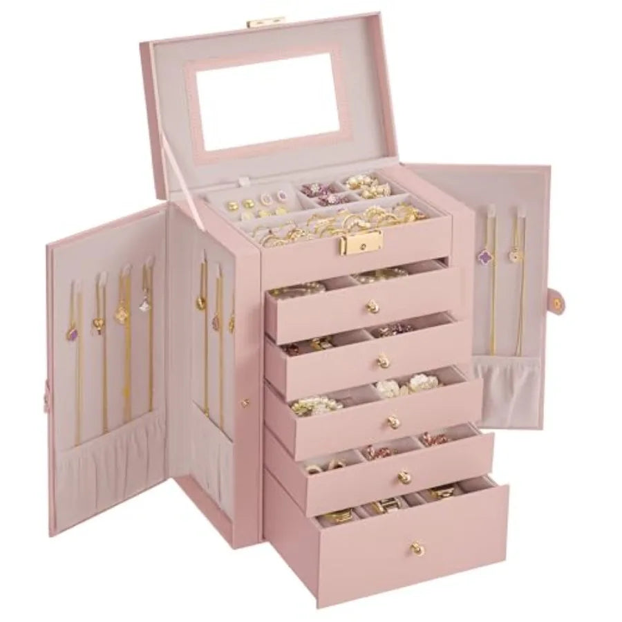 6-Layer Jewelry Box Organizer with 5 Drawers, Jewelry Storage Case with Lock and Mirror, Large Storage Capacity, Gift for Loved