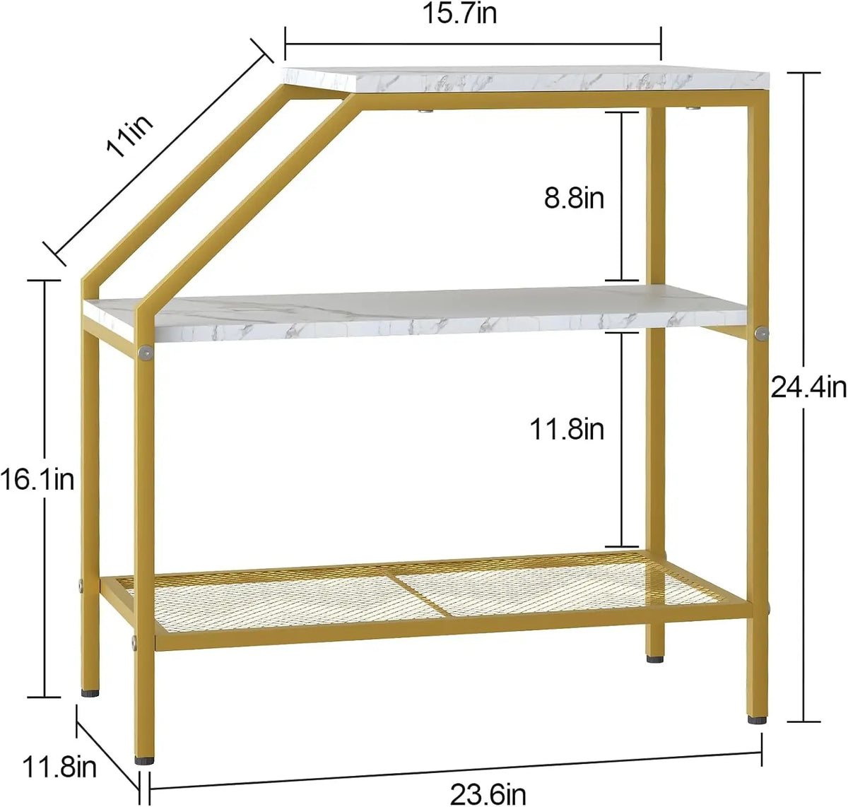 Wolawu End Table 3 Tiers 2pcs White Marble Wood Nightstand with Storage Ladder Shelf,Industrial Sofa Side Table for Small Space, Modern Trapezoid Plant Stand in Living Room Bedroom,Gold Metal Frame