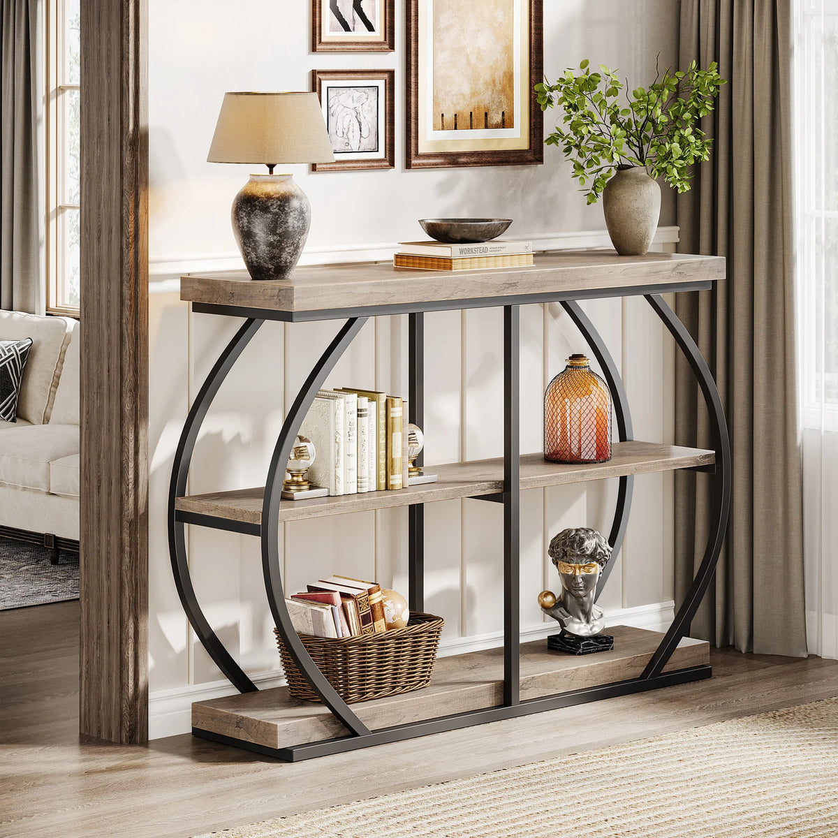 Tribesigns Industrial Console Table with Three Tier Storage Shelves