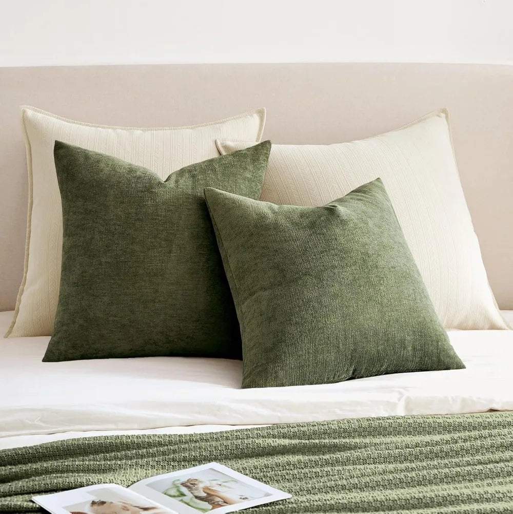 Olive Green Chenille Throw Pillow Covers 18x18 Set of 2 Soft Decorative for Sofa Living Room Bedroom