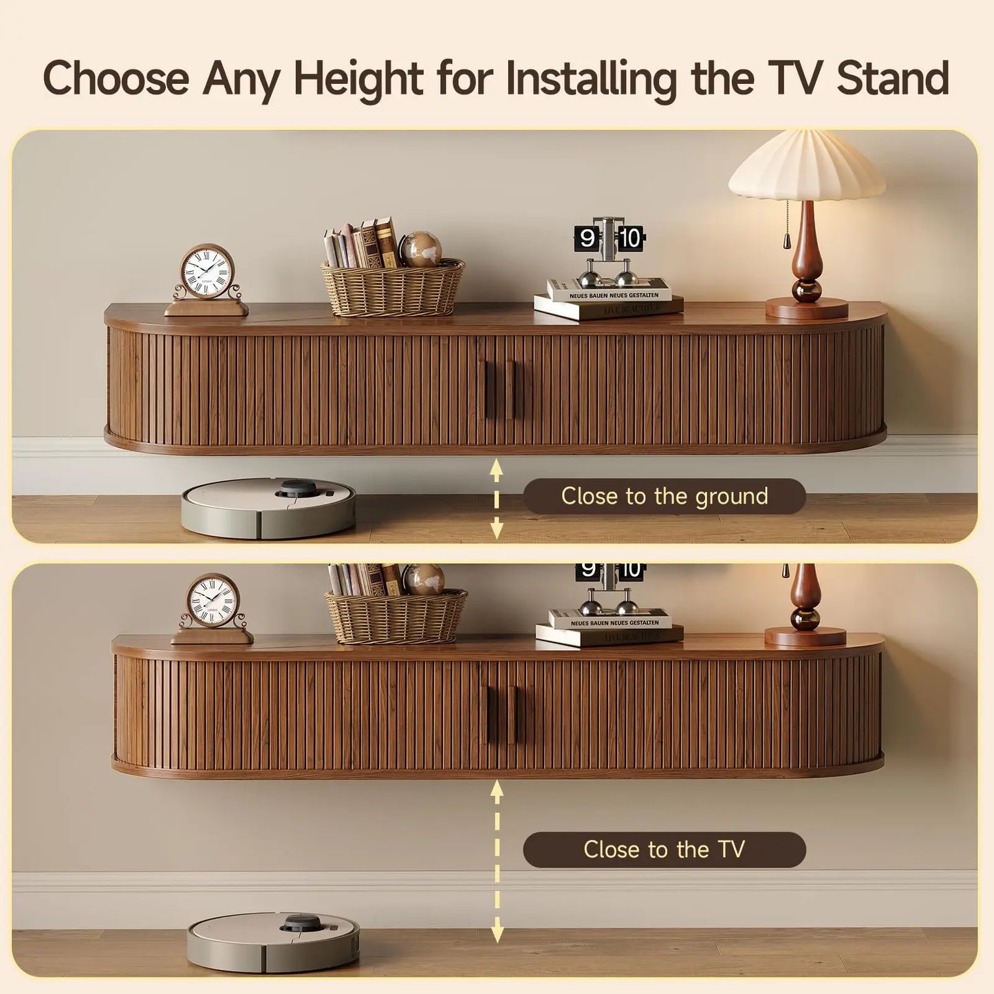 Floating TV Stand with Power Outlet for TVs up to 95 Inch, Wall Mounted TV Stand with LED Lights and Remote, Fluted Entertainment Center, Mid Century Modern TV Console Media Storage Cabinet with Sliding Door, Black