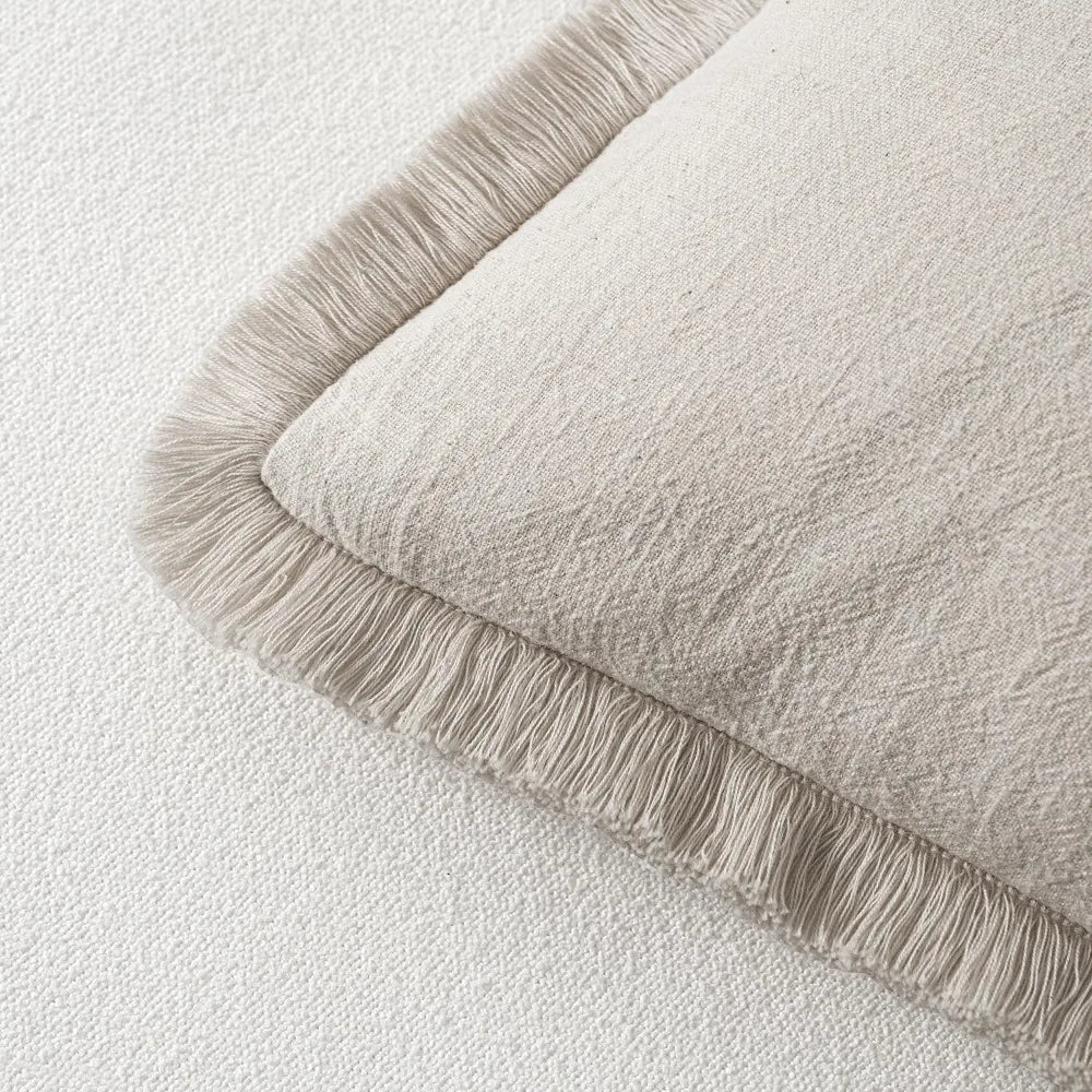 Set of 2 Boho Farmhouse Throw Pillow Covers 20x20 Linen Fringe Neutral Beige