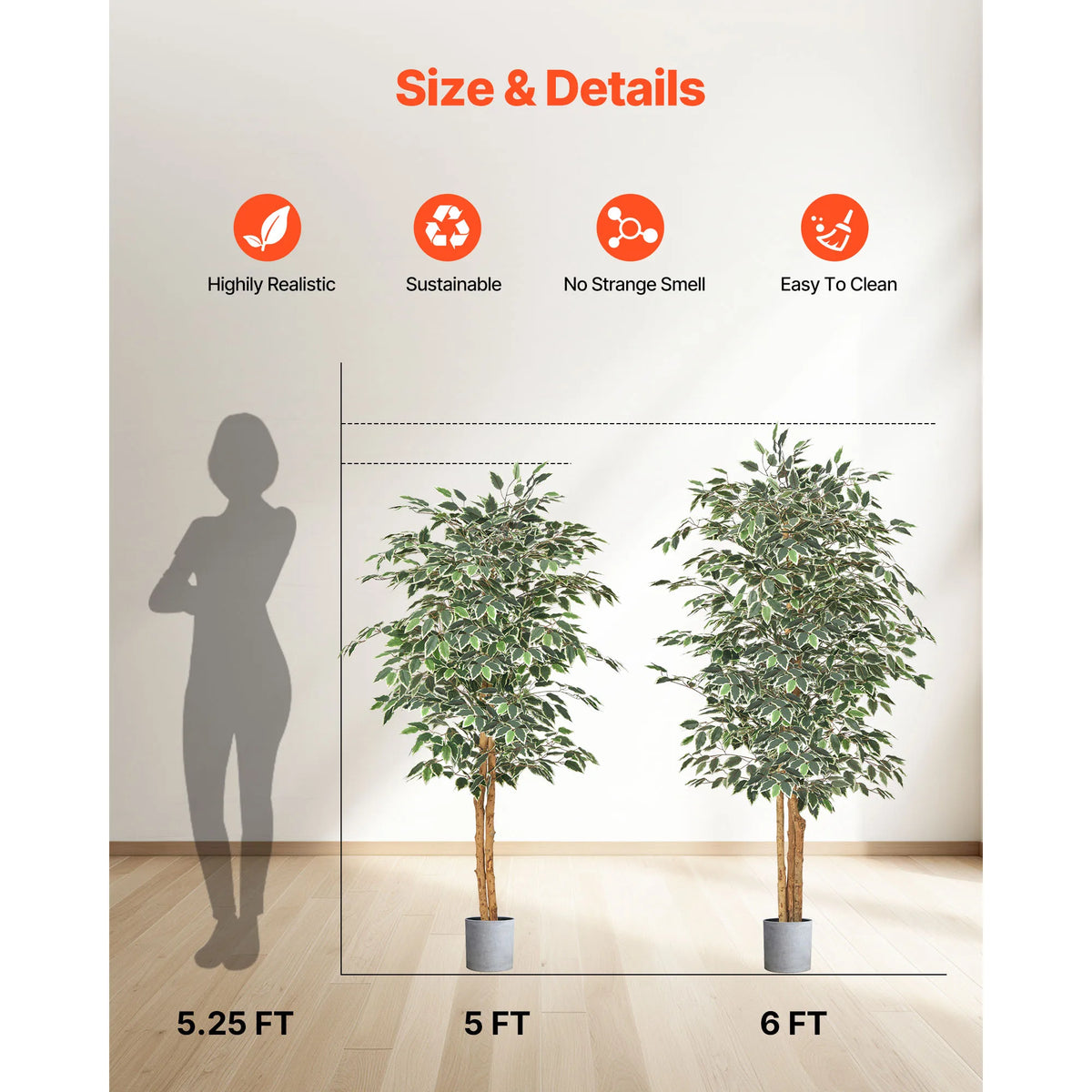 VEVOR 5/6/7/8FT Artificial Tree Tall Faux Ficus Plant with Natural Wood Trunk and Realistic Green Leaves for Home Living Room