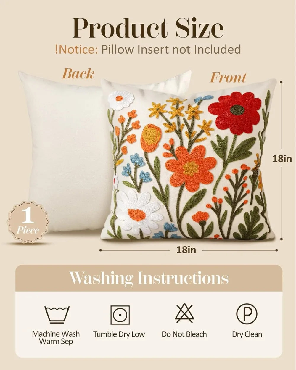 Boho Embroidered Pillow Cover 18x18 - Spring Summer Floral Cushion Case with Zipper for Couch Sofa