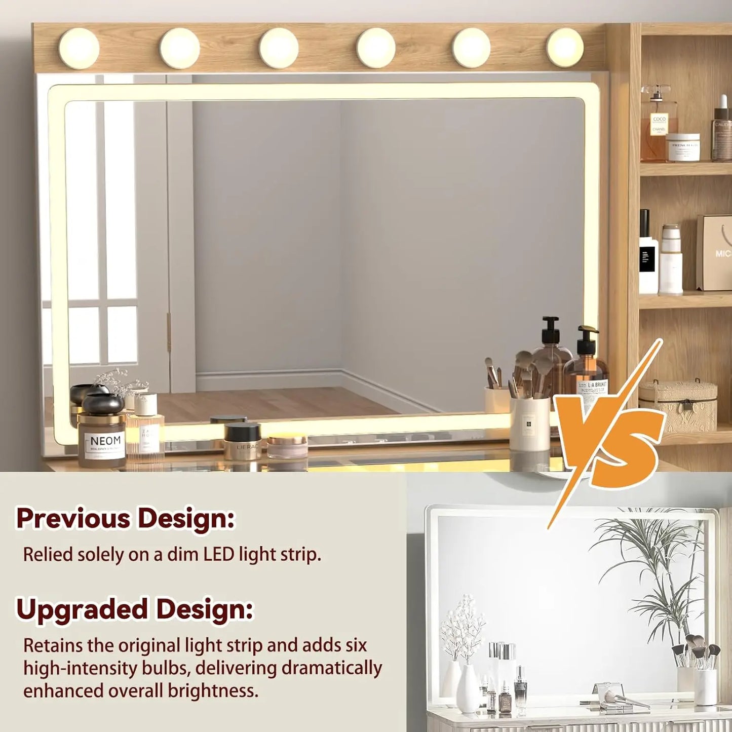 47" Fluted Makeup Vanity Desk with 32" Mirror & Lights Charging Station Glass Top 5 Drawers 2 Cabinets Bedroom, Customized
