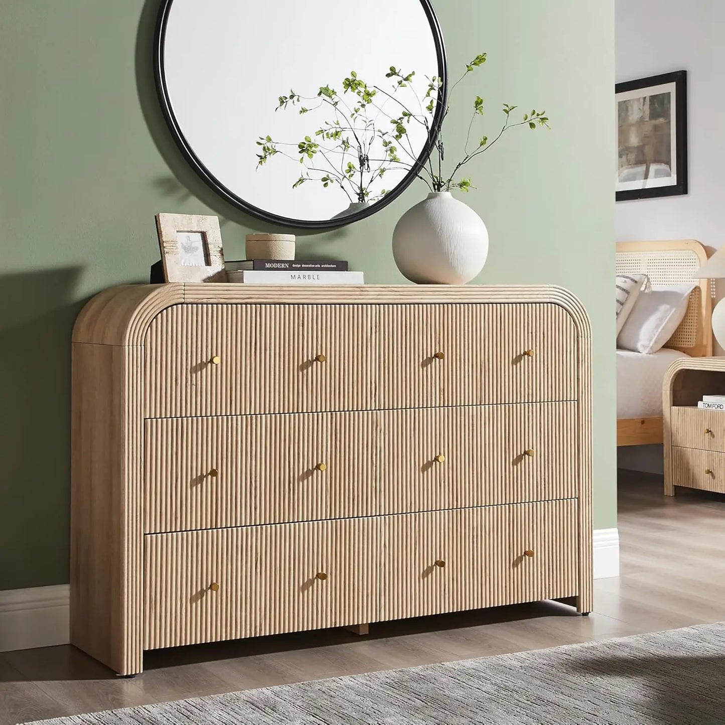 Fluted 6 Drawer Dresser Bedroom 54in Wide Curved Profile Wood TV Stand Living Room Hallway Oak, Customized
