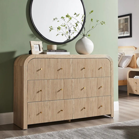 Fluted 6 Drawer Dresser Bedroom 54in Wide Curved Profile Wood TV Stand Living Room Hallway Oak, Customized