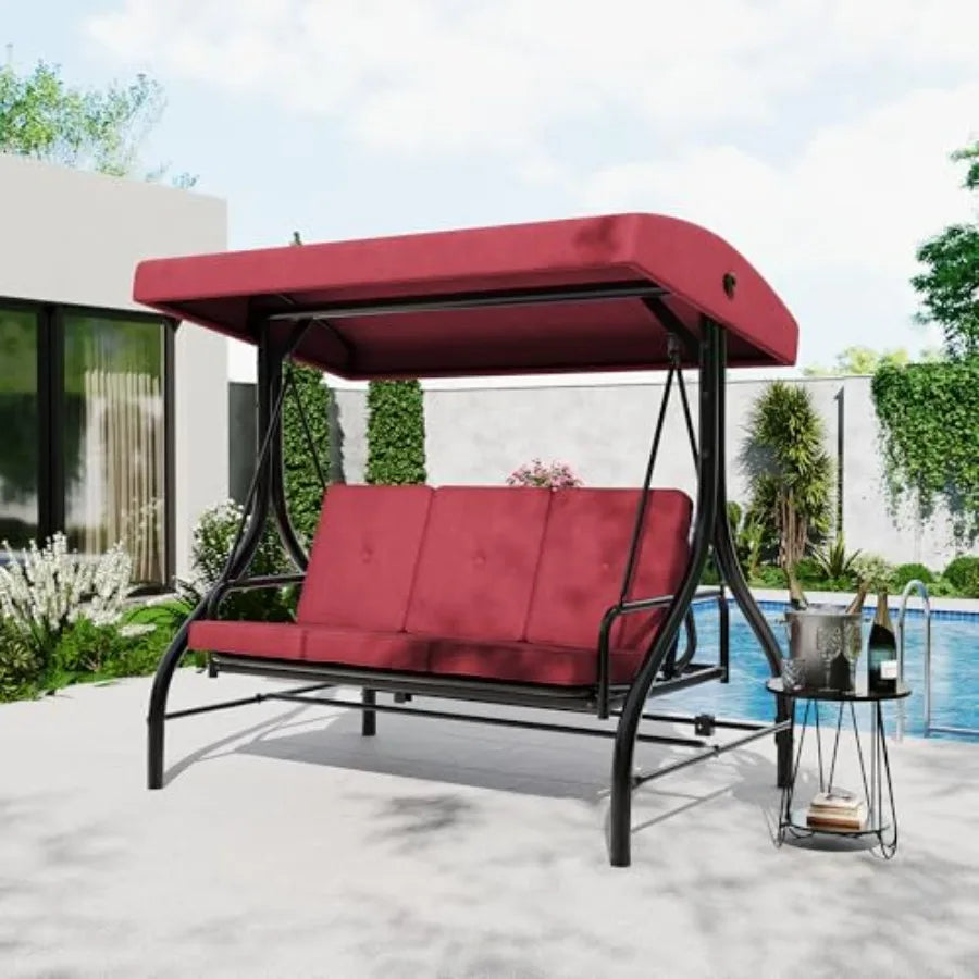 3 Seater Outdoor Porch Swing with Stand for Adults, 2-in-1 Convertible Design Patio Swing, Thick Soft Cushion and Adjustable Re