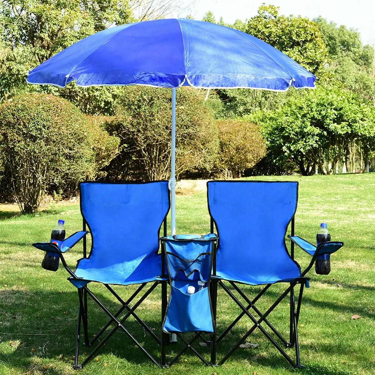 Folding Picnic Double Chair W/Umbrella Table Cooler Beach Camping Turquoise\Black\Red\Gray