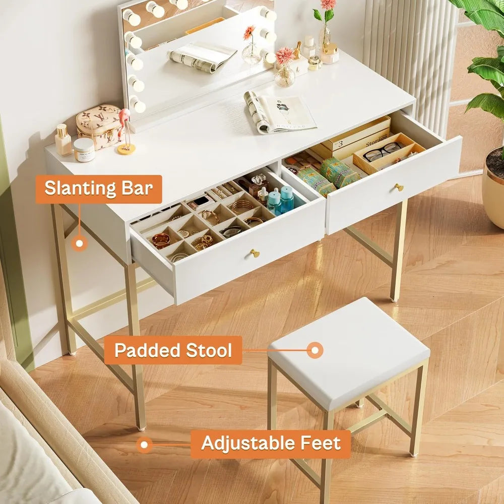 35.4" White and Gold Desk with 2 Drawers, Modern Makeup Vanity with Padded Stool, Small Computer Desk for Home Office