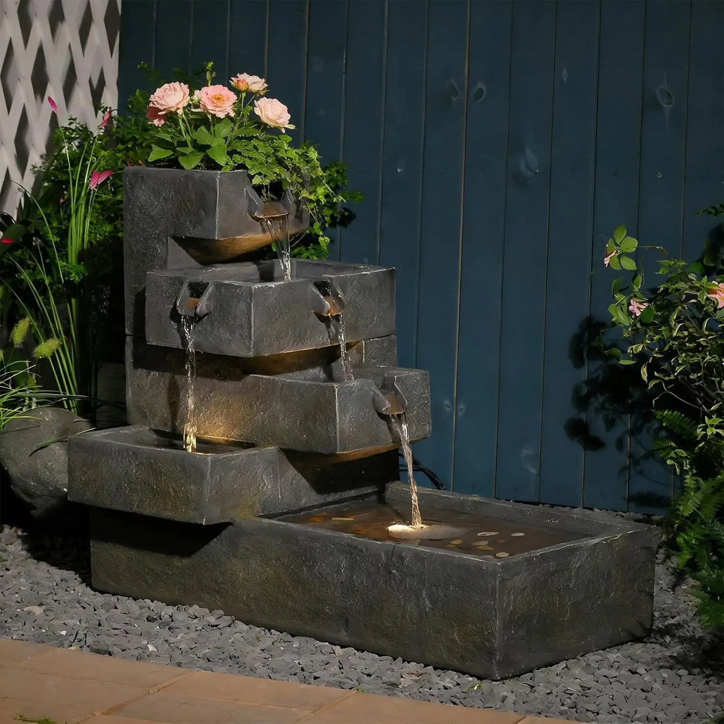5-Tier Tree Trunk Outdoor Water Fountain LED Garden Decor