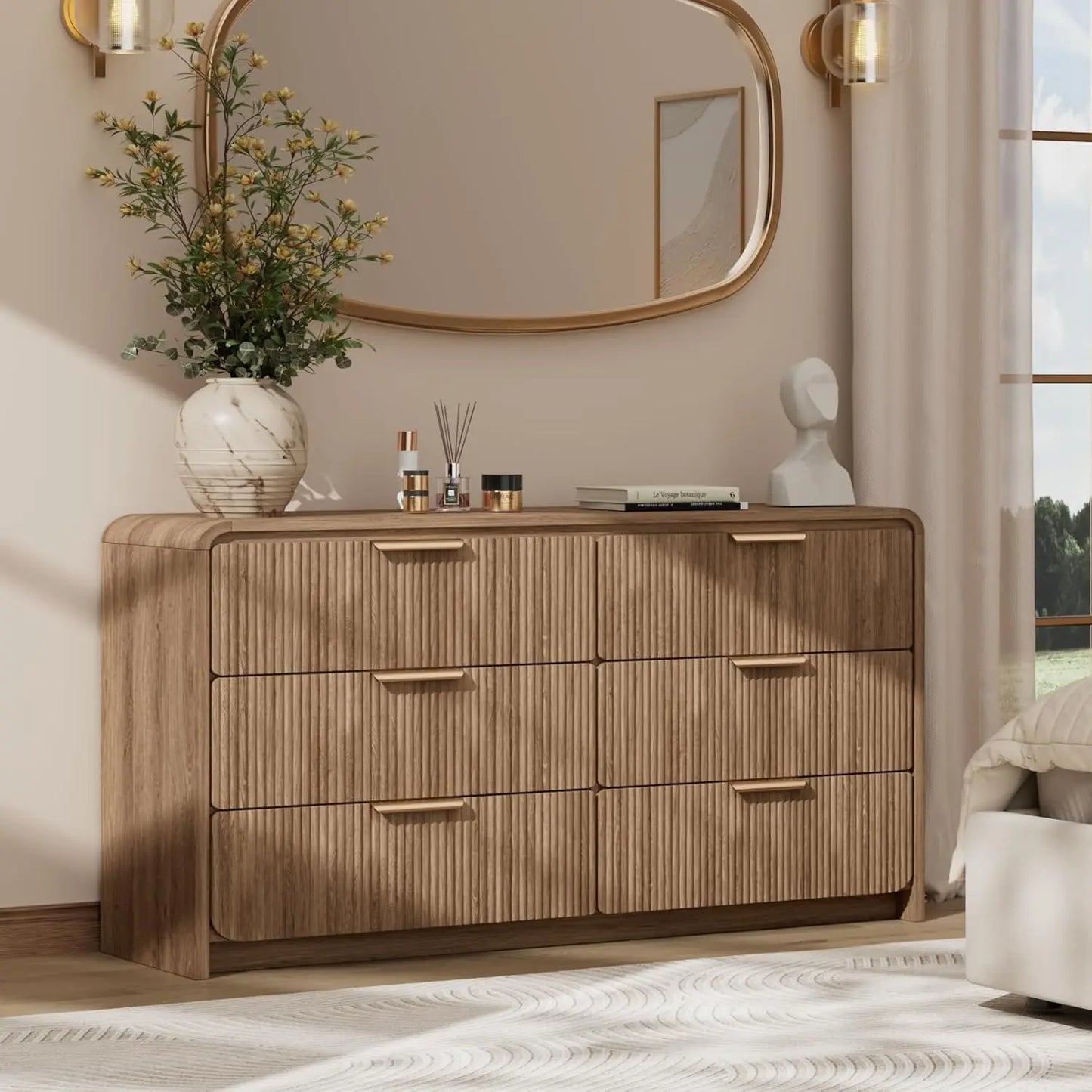 47" Fluted 6 Drawer Dresser Bedroom Curved Modern Wood Storage Organizer Light Walnut, Customized