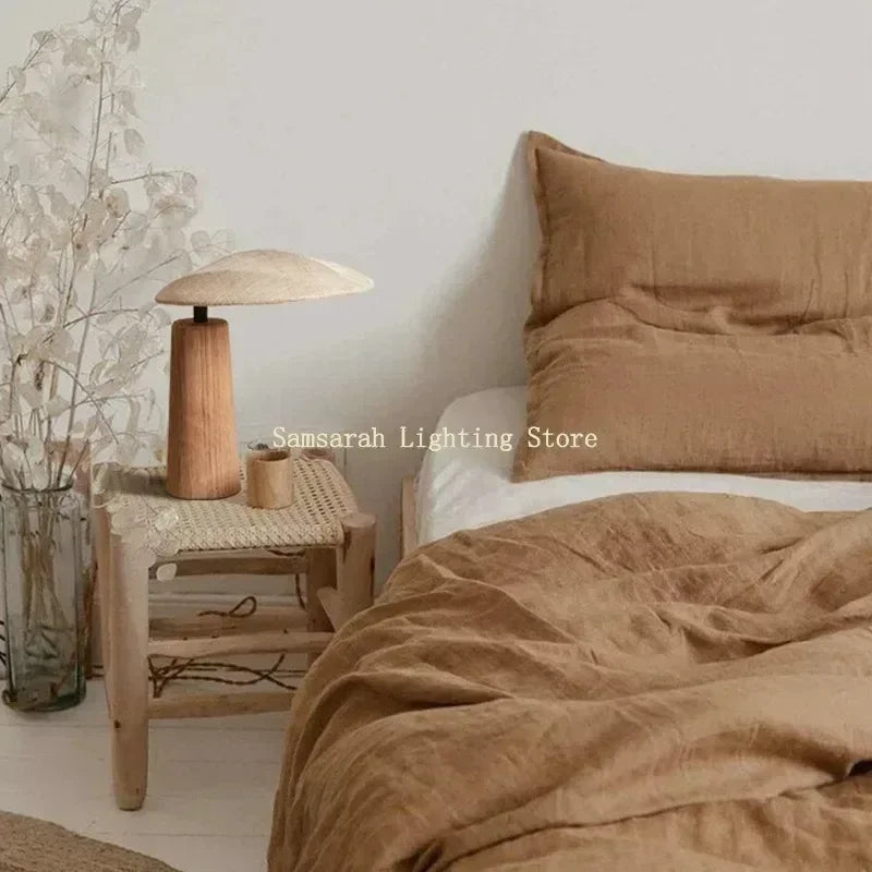 Wabi Sabi Table Lamp Solid Wood Bedroom Bedside Japanese Wooden Homestay Teahouse Fabric Home Decoration Desk Light